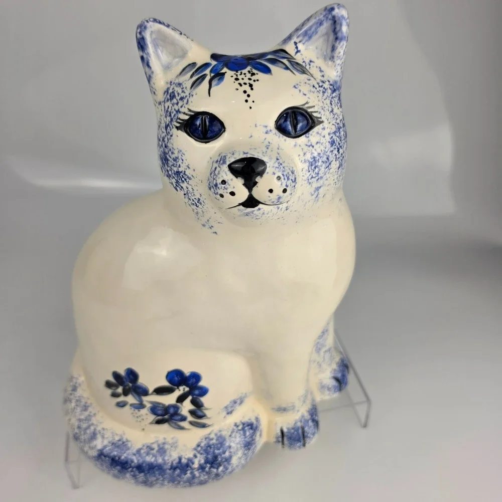 Vintage Blue White Cobalt Spongeware Ceramic Cat Figurine Large Sitting Folk Art